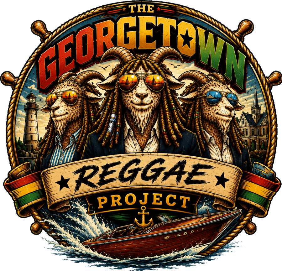 Georgetown Reggae Project crest — three Rasta goats in shades fronting a ship's wheel, banner reading Reggae Project